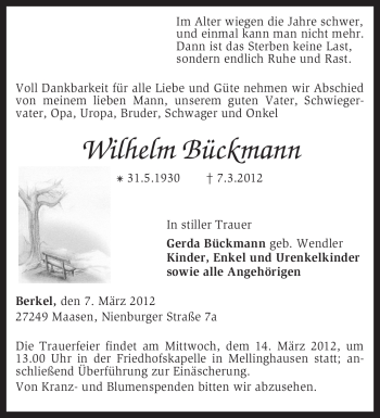 Traueranzeige von Wilhelm Bückmann von KREISZEITUNG SYKE