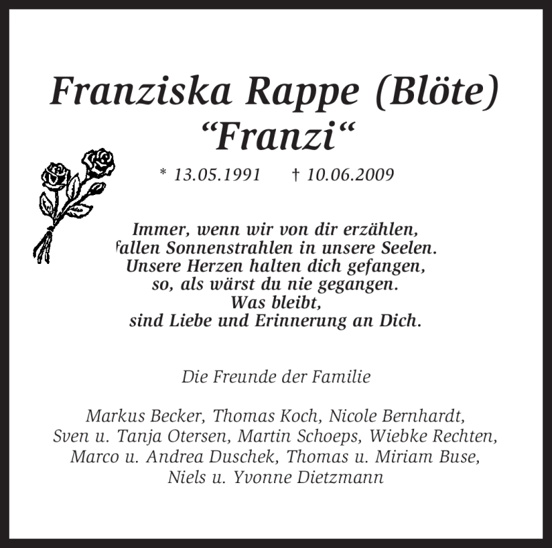  Traueranzeige für Franziska Rappe vom 15.06.2009 aus KREISZEITUNG SYKE