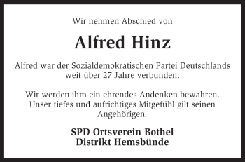 Traueranzeige von Alfred Hinz von KREISZEITUNG SYKE