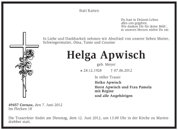 Traueranzeige von Helga Apwisch von KREISZEITUNG SYKE