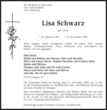 Traueranzeige von Lisa Schwarz von KREISZEITUNG SYKE