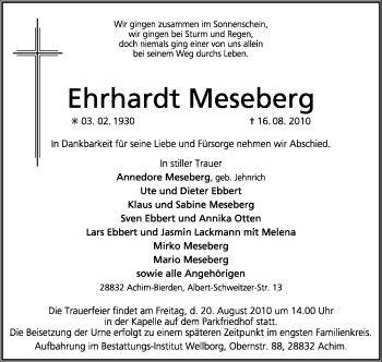 Traueranzeige von Ehrhardt Meseberg von KREISZEITUNG SYKE