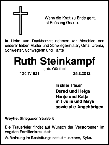 Traueranzeige von Ruth Steinkampf von KREISZEITUNG SYKE