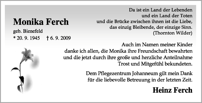  Traueranzeige für Monika Ferch vom 02.10.2009 aus KREISZEITUNG SYKE
