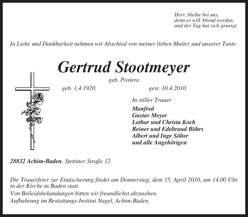  Traueranzeige für Gertrud Stootmeyer vom 13.04.2010 aus KREISZEITUNG SYKE