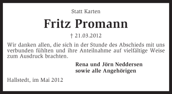 Traueranzeige von Fritz Promann von KREISZEITUNG SYKE