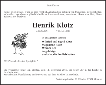 Traueranzeige von Henrik Klotz von KREISZEITUNG SYKE