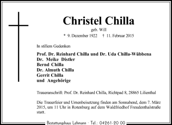 Traueranzeige von Christel Chilla von KRZ