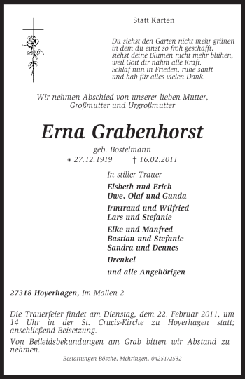 Traueranzeige von Erna Grabenhorst von KREISZEITUNG SYKE