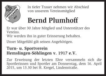 Traueranzeige von Bernd Plumhoff von KRZ