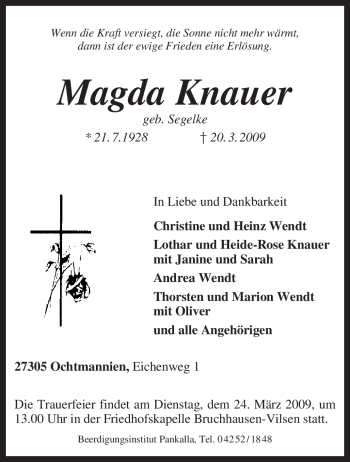 Traueranzeige von Magda Knauer von KREISZEITUNG SYKE