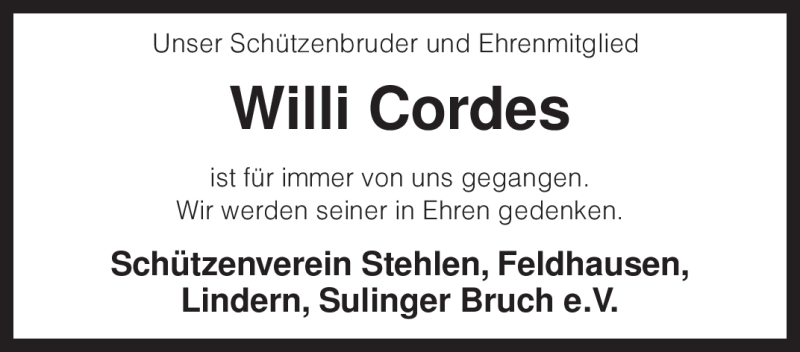  Traueranzeige für Willi Cordes vom 04.03.2010 aus KREISZEITUNG SYKE