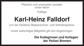 Traueranzeige von Karl-Heinz Falldorf von KREISZEITUNG SYKE