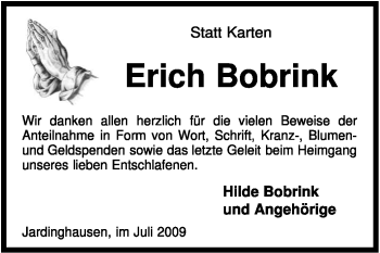 Traueranzeige von Erich Bobrink von KREISZEITUNG SYKE