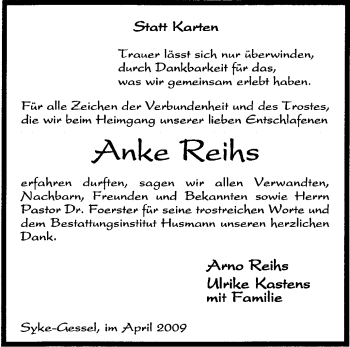 Traueranzeige von Anke Reihs von KREISZEITUNG SYKE