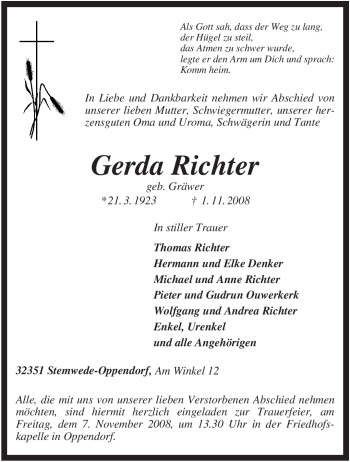 Traueranzeige von Gerda Richter von KREISZEITUNG SYKE