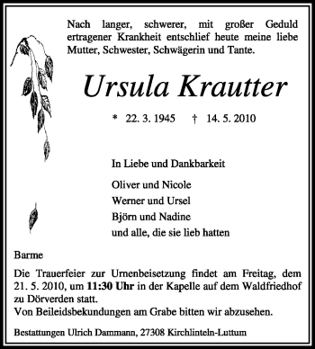 Traueranzeige von Ursula Krautter von KREISZEITUNG SYKE