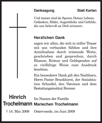 Traueranzeige von Hinrich Trochelmann von KREISZEITUNG SYKE