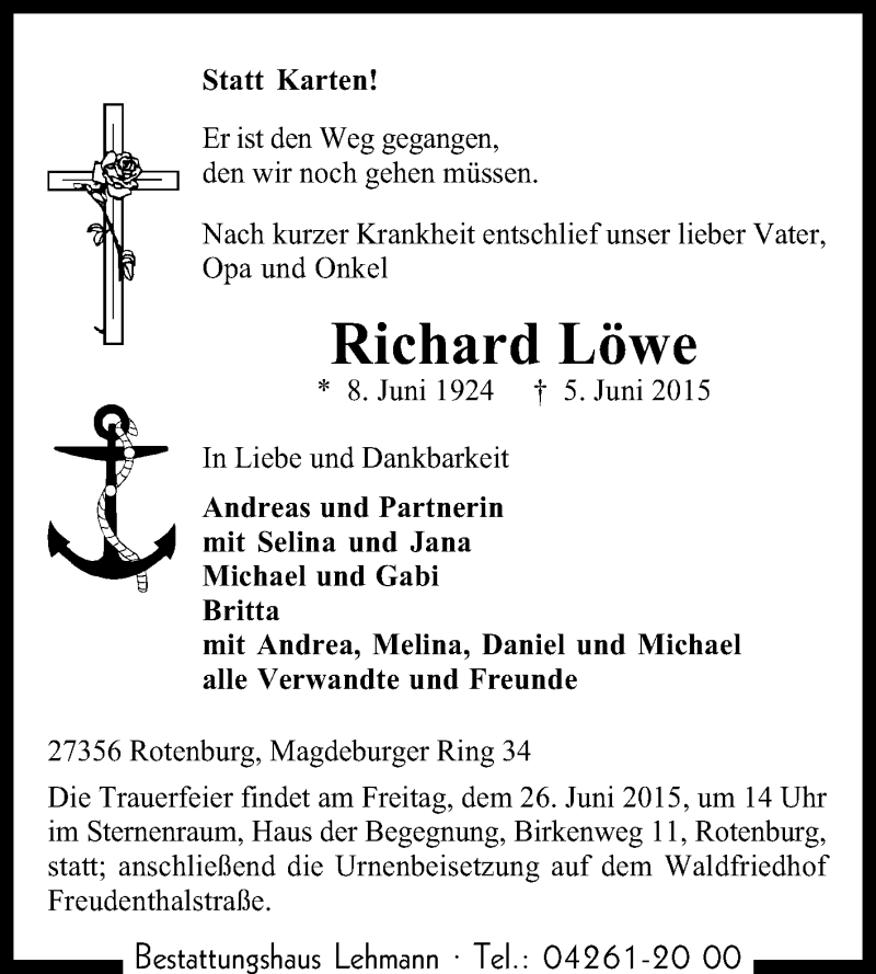  Traueranzeige für Richard Löwe vom 13.06.2015 aus KRZ