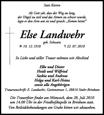 Traueranzeige von Else Landwehr von KREISZEITUNG SYKE