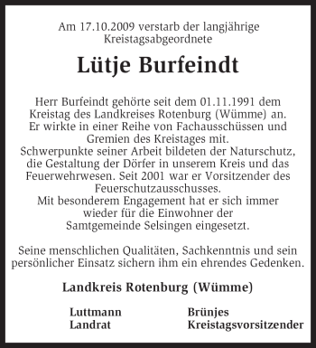 Traueranzeige von Lütje Burfeindt von KREISZEITUNG SYKE