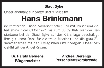 Traueranzeige von Hans Brinkmann von KREISZEITUNG SYKE