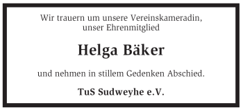 Traueranzeige von Helga Bäker von KREISZEITUNG SYKE