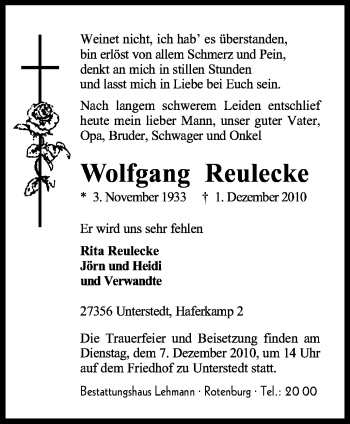 Traueranzeige von Wolfgang Reulecke von KREISZEITUNG SYKE