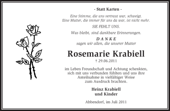 Traueranzeige von Rosemarie Krabiell von KREISZEITUNG SYKE