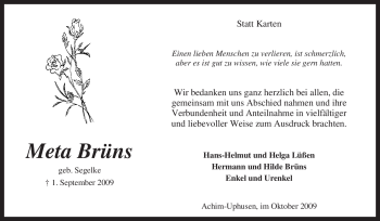 Traueranzeige von Meta Brüns von KREISZEITUNG SYKE