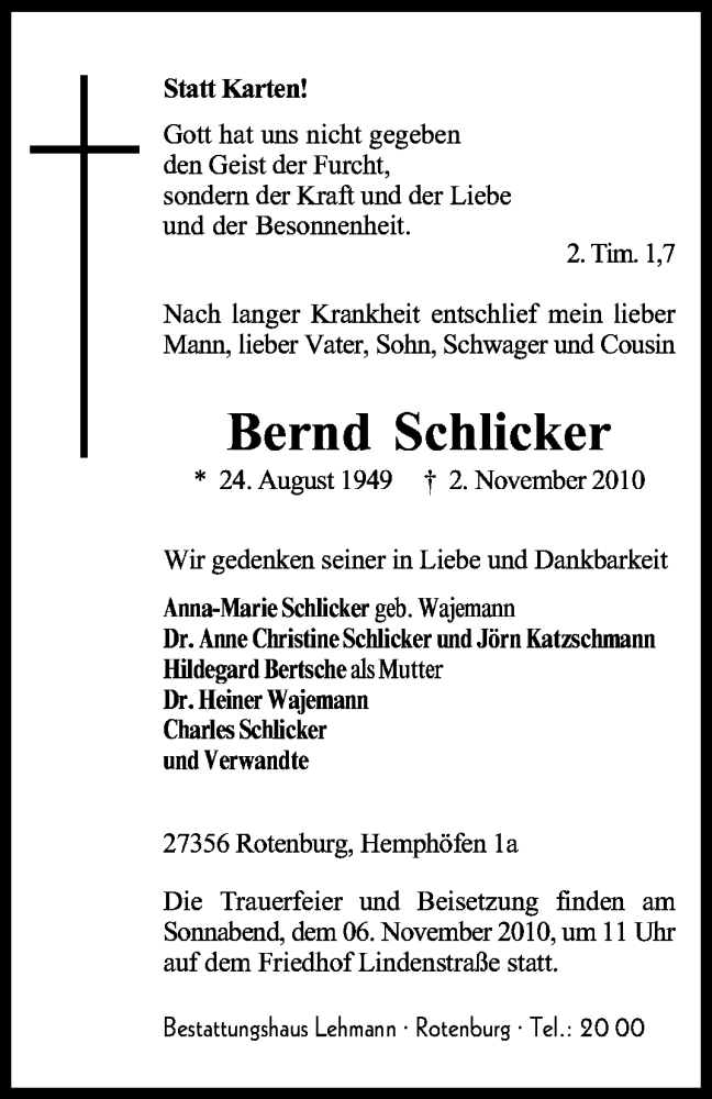  Traueranzeige für Bernd Schlicker vom 04.11.2010 aus KREISZEITUNG SYKE