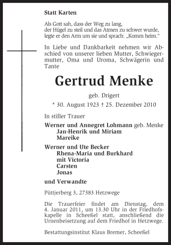 Traueranzeige von Gertrud Menke von KREISZEITUNG SYKE