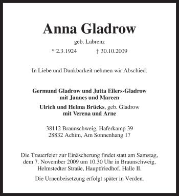 Traueranzeige von Anna Gladrow von KREISZEITUNG SYKE