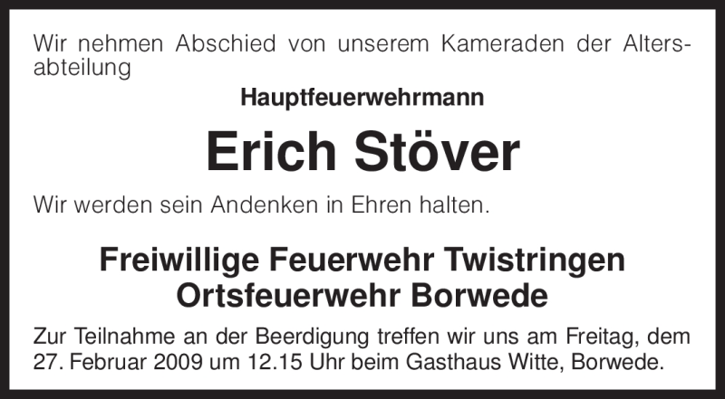  Traueranzeige für Erich Stöver vom 25.02.2009 aus KREISZEITUNG SYKE