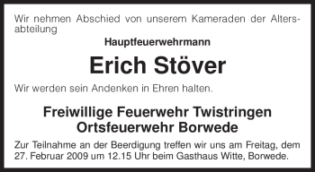 Traueranzeige von Erich Stöver von KREISZEITUNG SYKE