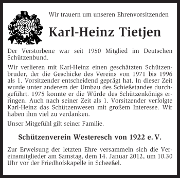 Traueranzeige von Karl-Heinz Tietjen von KREISZEITUNG SYKE