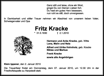 Traueranzeige von Fritz Kracke von KREISZEITUNG SYKE