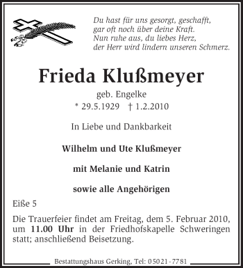 Traueranzeige von Frieda Klußmeyer von KREISZEITUNG SYKE