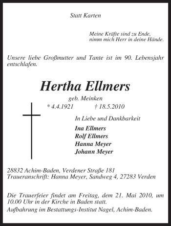Traueranzeige von Hertha Ellmers von KREISZEITUNG SYKE