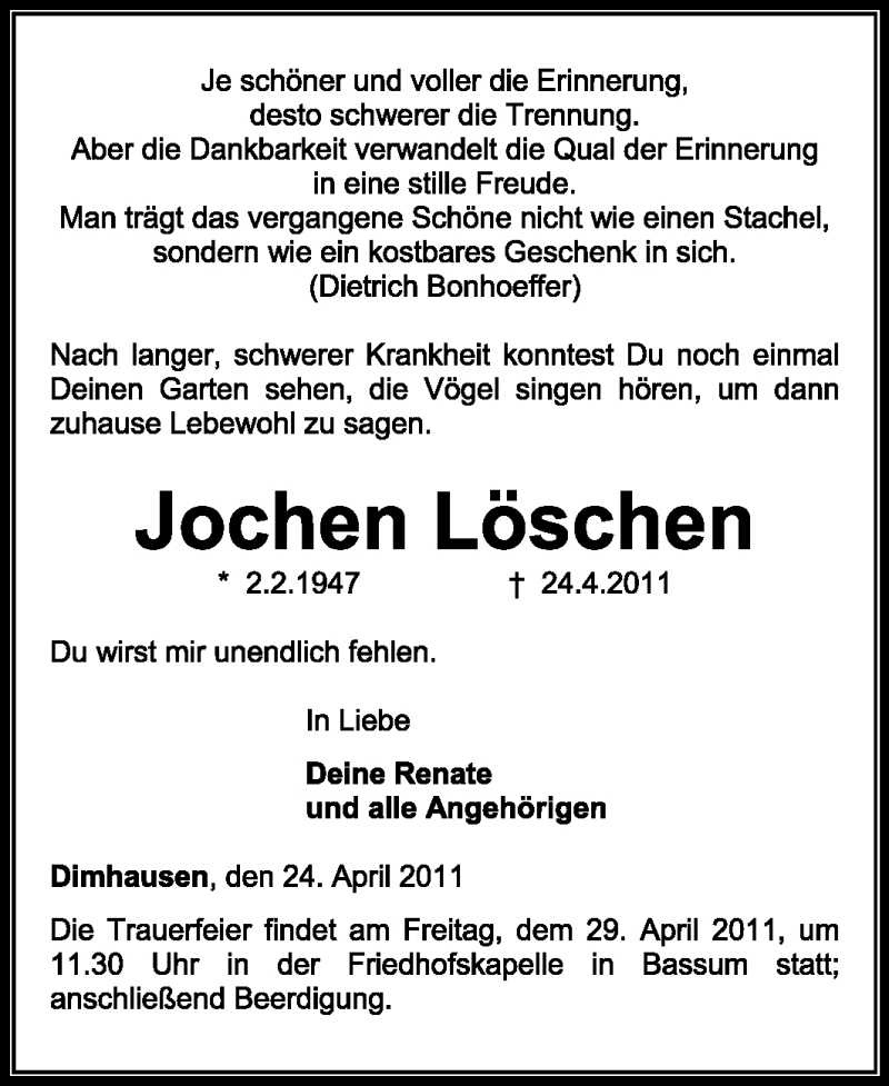  Traueranzeige für Jochen Löschen vom 26.04.2011 aus KREISZEITUNG SYKE