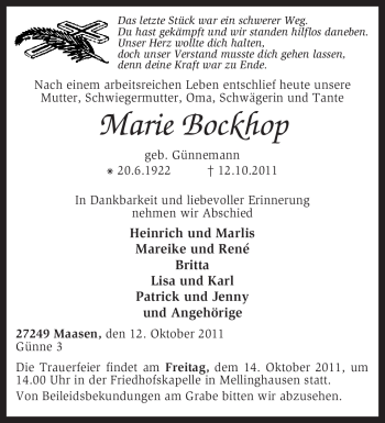 Traueranzeige von Marie Bockhop von KREISZEITUNG SYKE