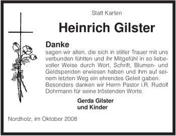 Traueranzeige von Heinrich Gilster von KREISZEITUNG SYKE