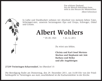 Traueranzeige von Albert Wohlers von KREISZEITUNG SYKE