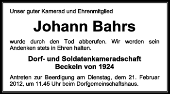 Traueranzeige von Johann Bahrs von KREISZEITUNG SYKE