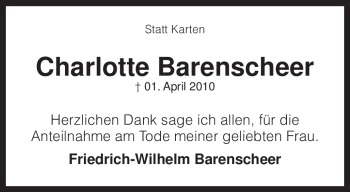 Traueranzeige von Charlotte Barenscheer von KREISZEITUNG SYKE