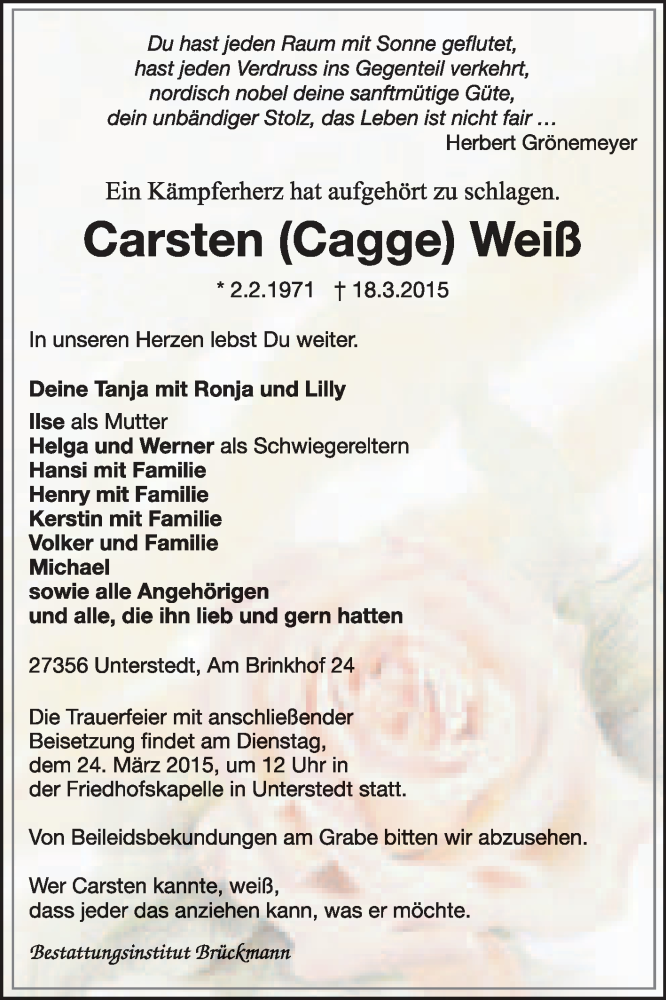  Traueranzeige für Carsten Weiß vom 21.03.2015 aus KRZ