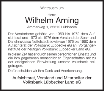 Traueranzeige von Wilhelm Arning von KREISZEITUNG SYKE