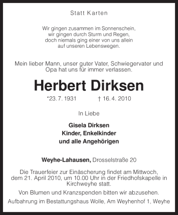 Traueranzeige von Herbert Dirksen von KREISZEITUNG SYKE