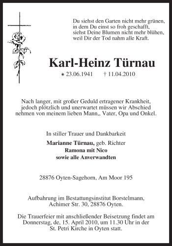 Traueranzeige von Karl-Heinz Türnau von KREISZEITUNG SYKE