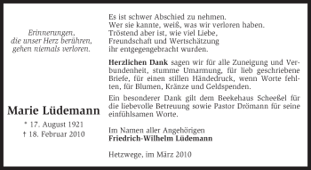 Traueranzeige von Marie Lüdemann von KREISZEITUNG SYKE